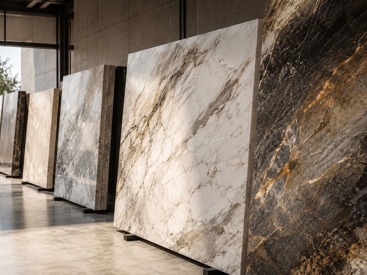 Polished marble and granite slabs standing in a stone warehouse, a white gold-veined slab in the foreground.